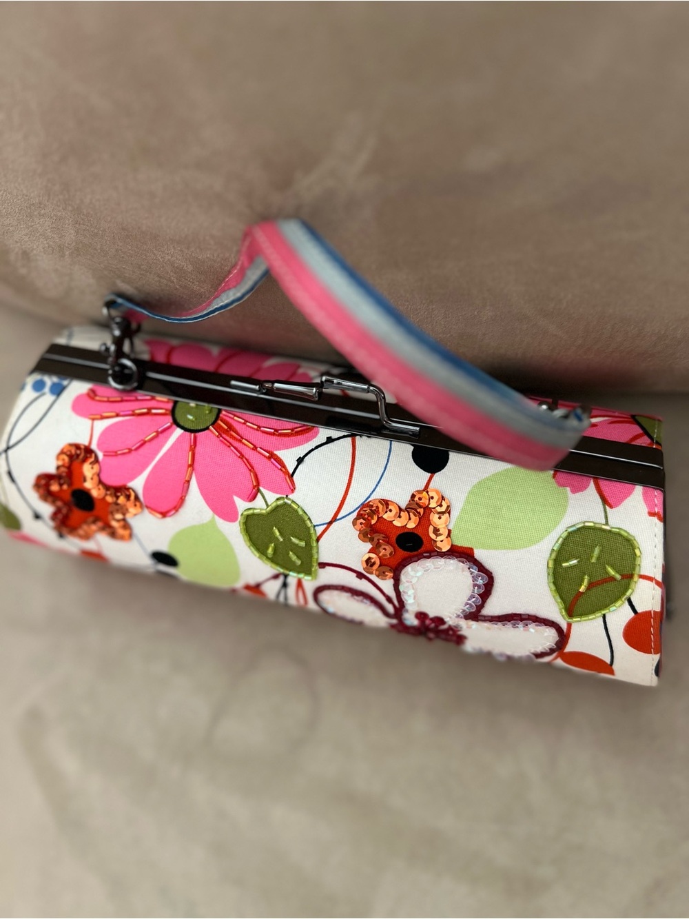 Floral Sequin Wristlet Clutch - Pink & Green